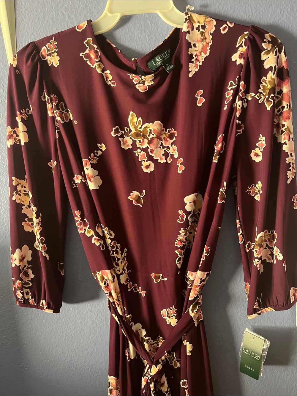 Lauren Ralph Lauren Maroon Floral Long Sleeve Midi Dress